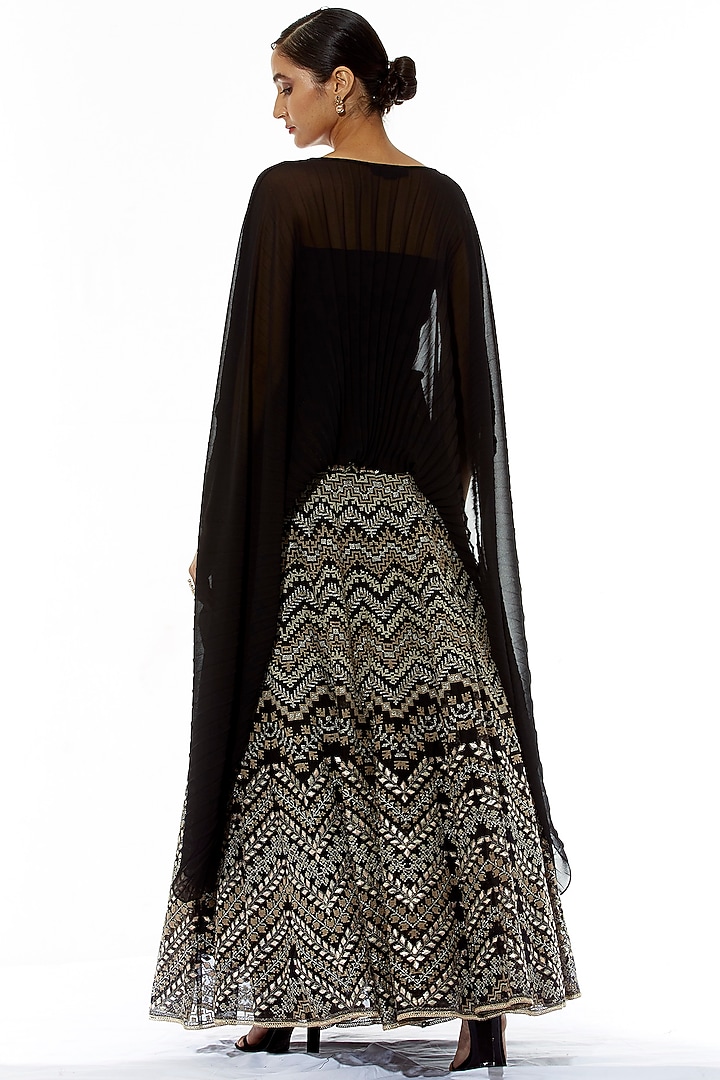 Black Embroidered Skirt With Cape by Kavita Bhartia at Pernia's Pop Up Shop