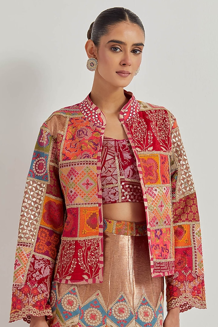 Multi-Colored Jacquard Tissue Embroidered Skirt Set by Kavita Bhartia at Pernia's Pop Up Shop