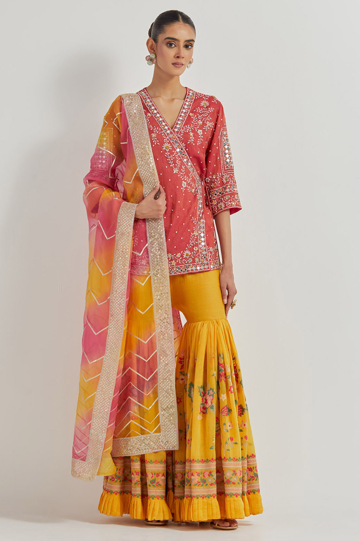 Yellow Tissue Chanderi Embroidered Bridal Sharara Set by Kavita Bhartia at Pernia's Pop Up Shop