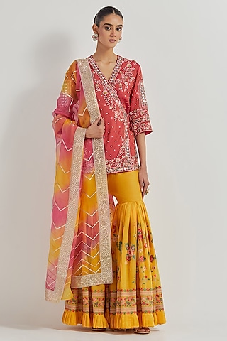 Yellow Tissue Chanderi Embroidered Sharara Set by Kavita Bhartia