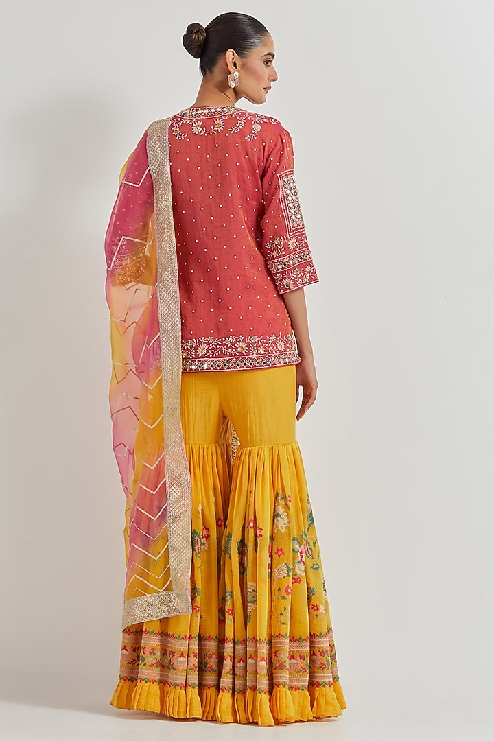 Yellow Tissue Chanderi Embroidered Bridal Sharara Set by Kavita Bhartia at Pernia's Pop Up Shop