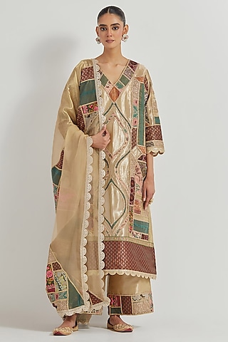 Gold Tissue Patchwork Embroidered Kurta Set by Kavita Bhartia