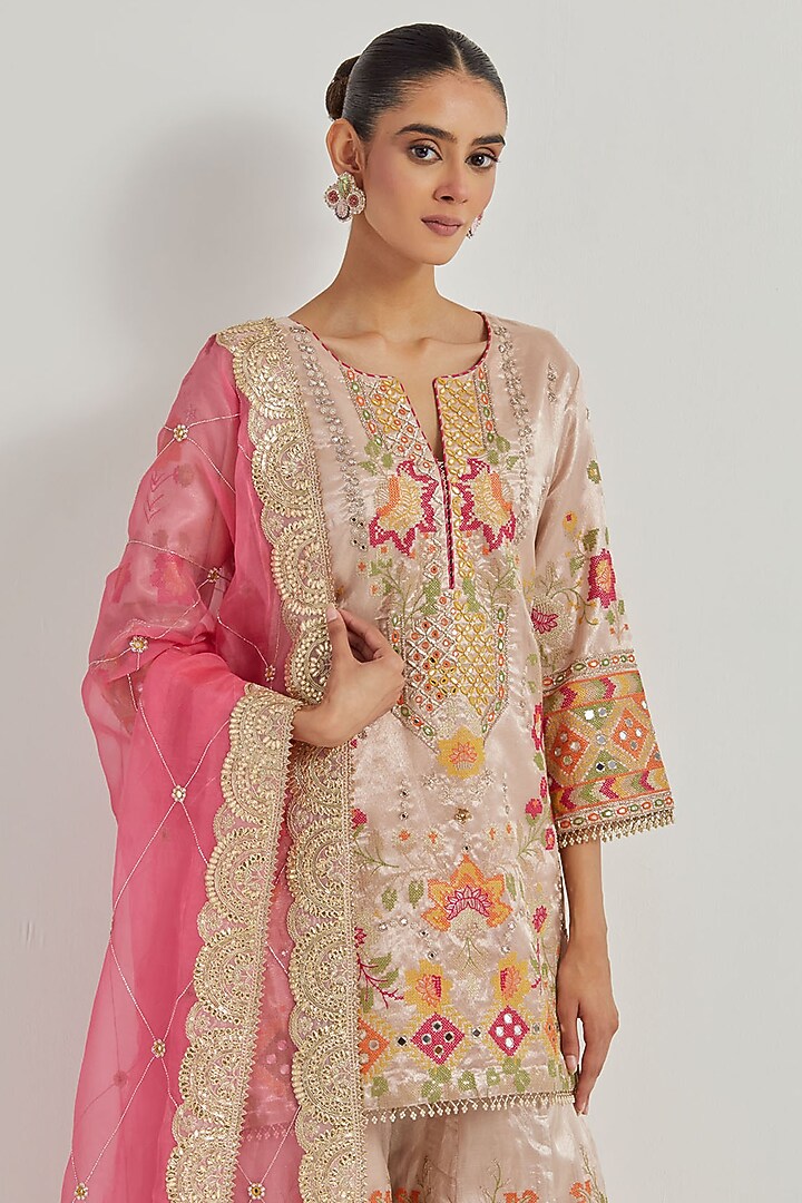 Pink Tissue Zardosi Embroidered Bridal Sharara Set by Kavita Bhartia at Pernia's Pop Up Shop
