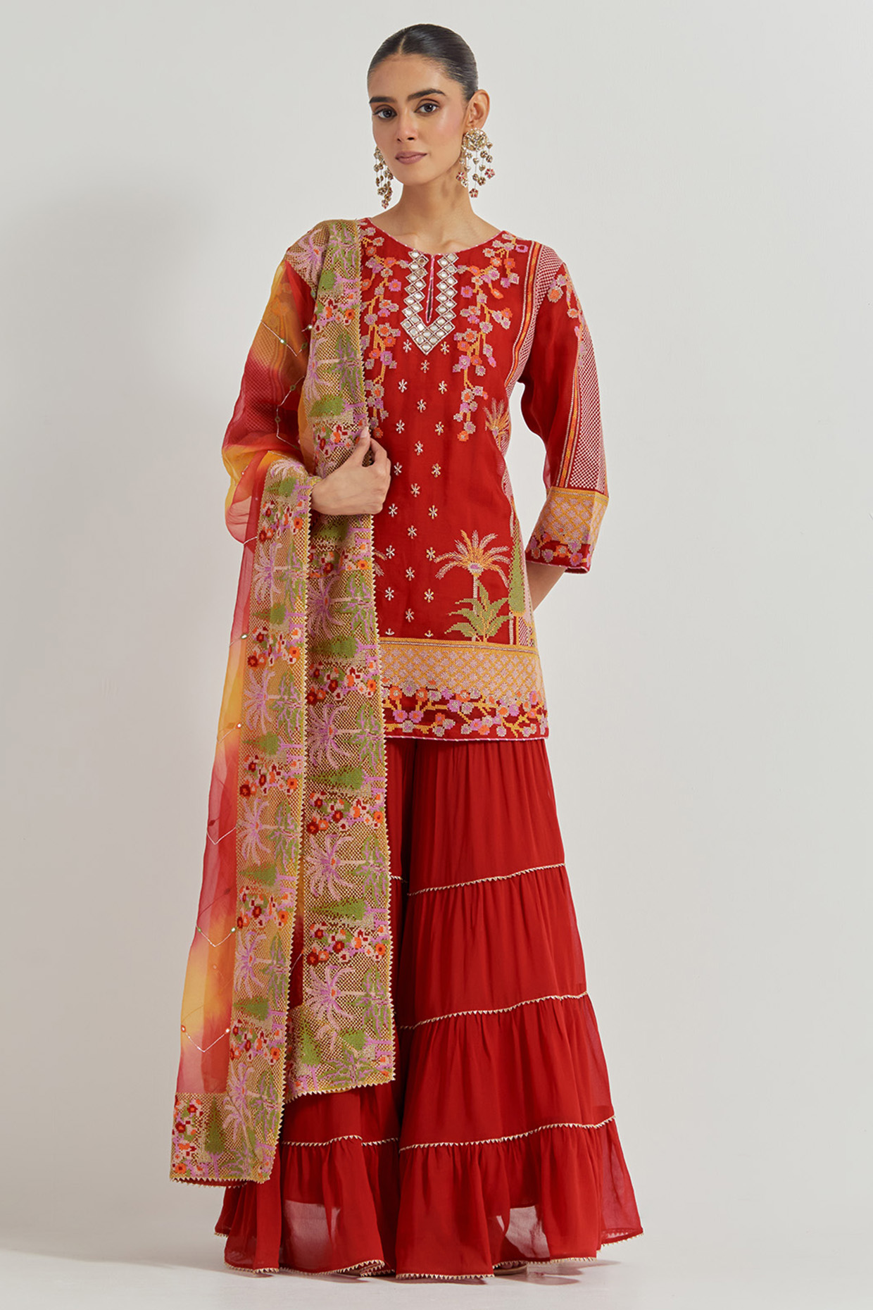 Crimson Red Georgette Wedding Sharara Set by Kavita Bhartia at Pernia's Pop Up Shop