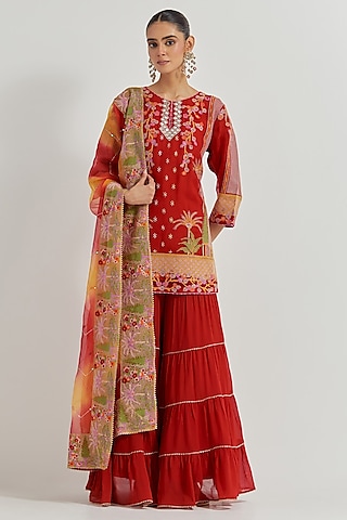 Crimson Red Georgette Sharara Set by Kavita Bhartia