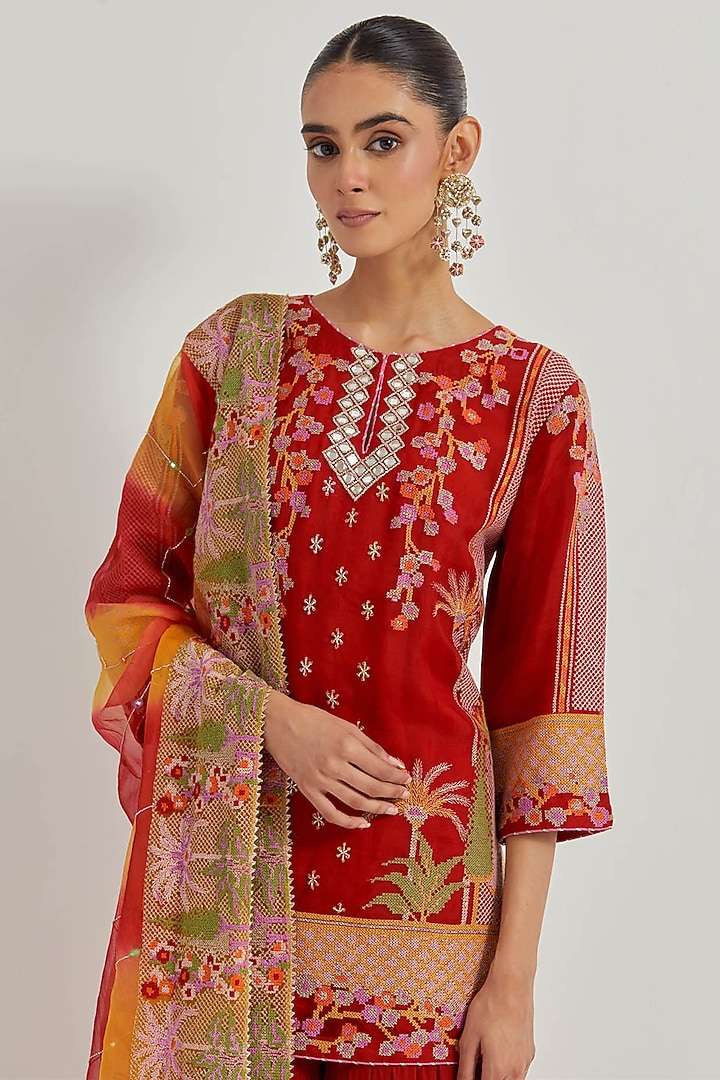 Crimson Red Georgette Wedding Sharara Set by Kavita Bhartia at Pernia's Pop Up Shop