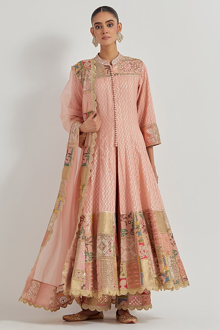 Peach Jacquard Chanderi Patchwork Wedding Anarkali Set  by Kavita Bhartia at Pernia's Pop Up Shop