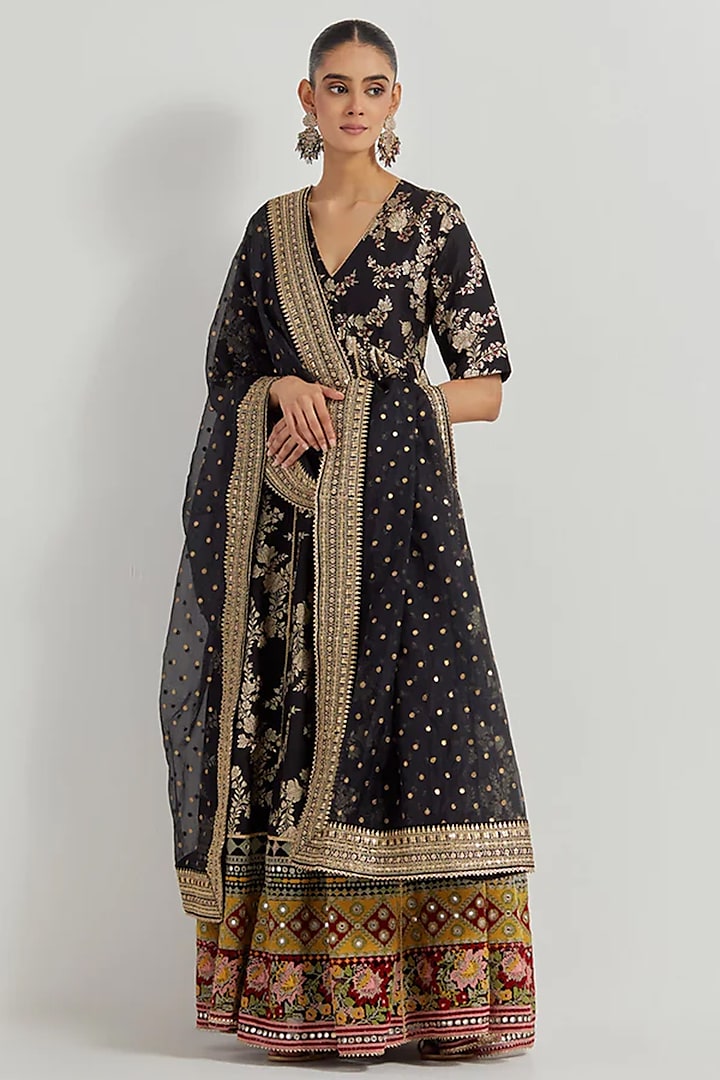 Black Brocade Cross-Stitch Embroidered Bridal Anarkali Set by Kavita Bhartia at Pernia's Pop Up Shop