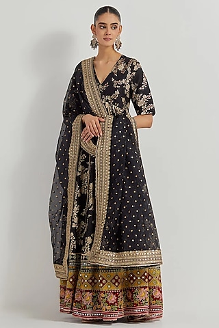 Black Brocade Cross-Stitch Embroidered Anarkali Set by Kavita Bhartia