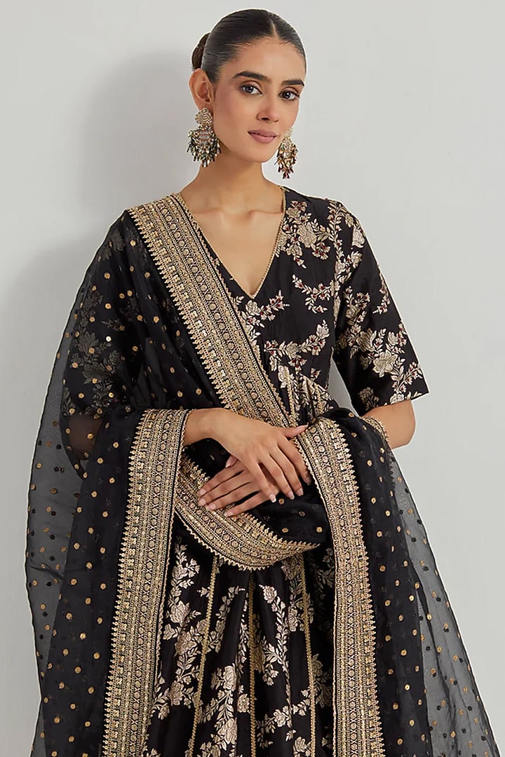 Black Brocade Cross-Stitch Embroidered Bridal Anarkali Set by Kavita Bhartia at Pernia's Pop Up Shop