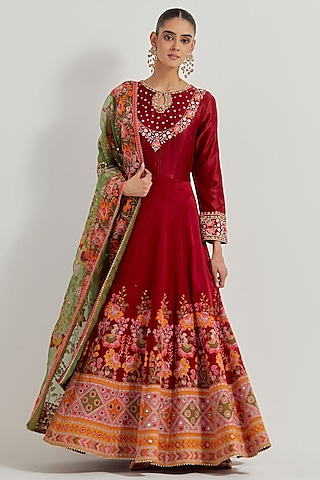Deep Red Chanderi Gota Patti Embroidered Anarkali Set by Kavita Bhartia