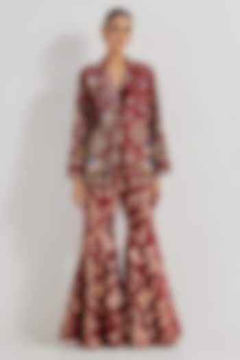 Maroon Chanderi Hand Embroidered Jacket Set by Kavita Bhartia at Pernia's Pop Up Shop