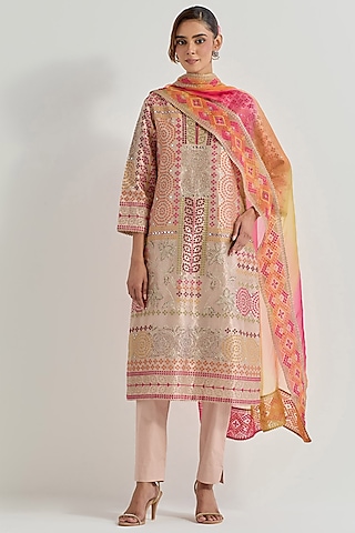 Beige Tissue & Organza Resham Hand Embellished Kurta Set by Kavita Bhartia