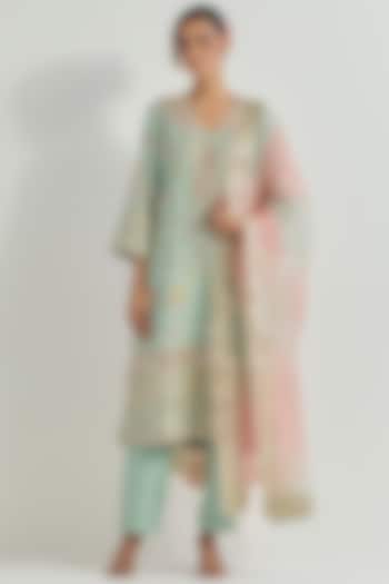 Sage Green Chanderi Organza Embellished Kurta Set by Kavita Bhartia at Pernia's Pop Up Shop