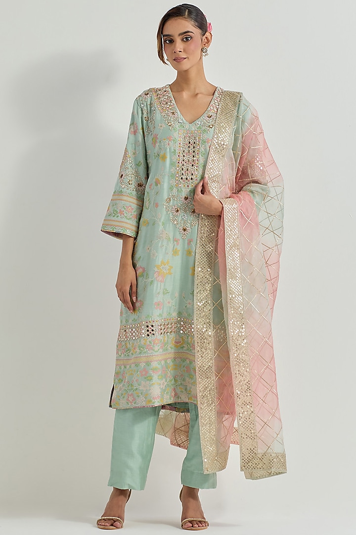 Sage Green Chanderi Organza Embellished Kurta Set by Kavita Bhartia at Pernia's Pop Up Shop