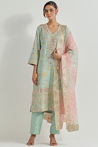 Sage Green Chanderi Organza Embellished Kurta Set by Kavita Bhartia