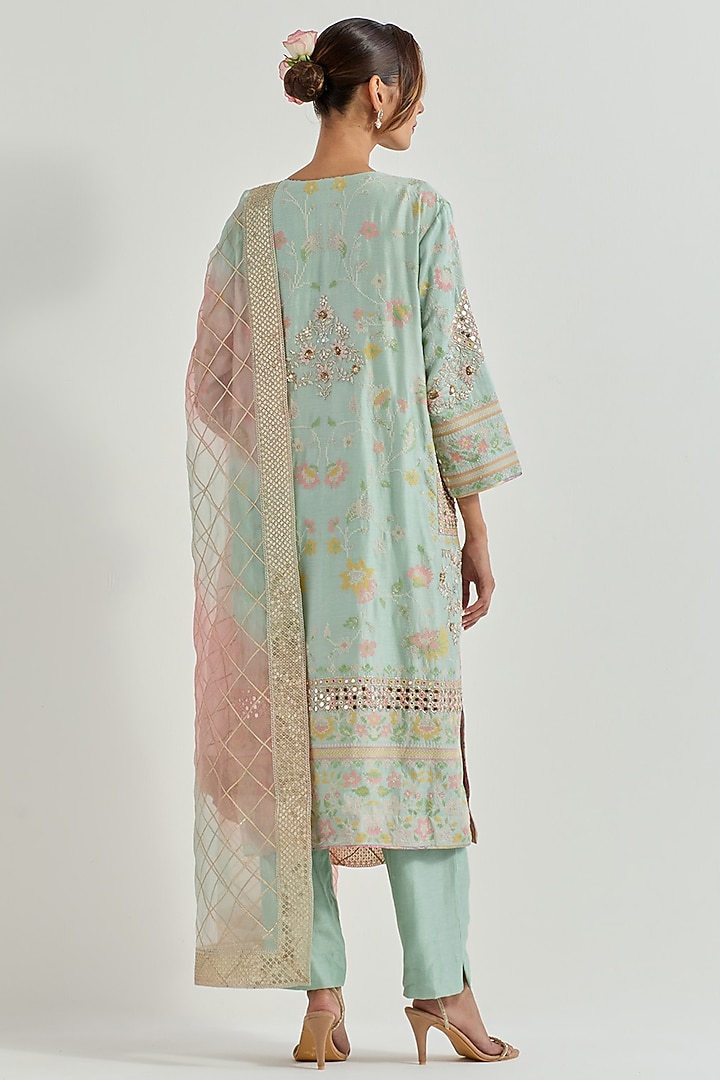 Sage Green Chanderi Organza Embellished Kurta Set by Kavita Bhartia at Pernia's Pop Up Shop