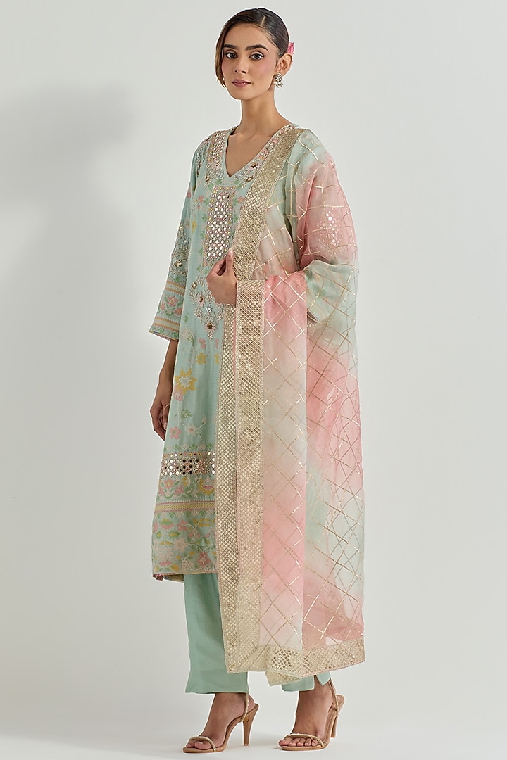 Sage Green Chanderi Organza Embellished Kurta Set by Kavita Bhartia at Pernia's Pop Up Shop