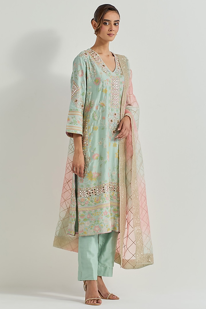 Sage Green Chanderi Organza Embellished Kurta Set by Kavita Bhartia at Pernia's Pop Up Shop