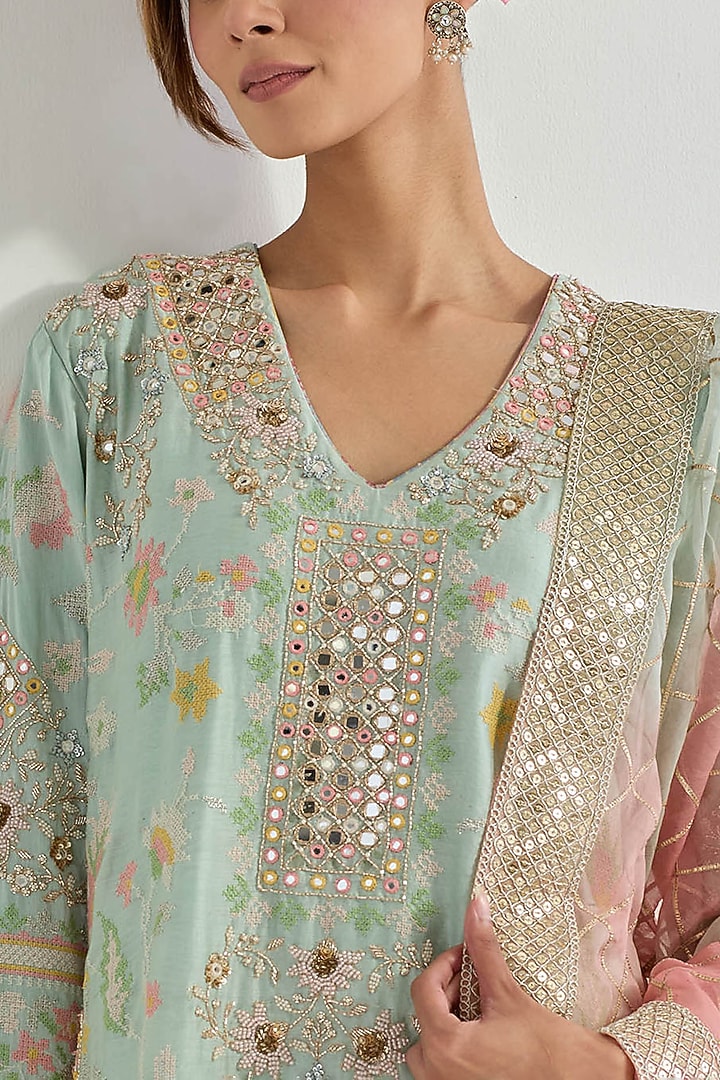 Sage Green Chanderi Organza Embellished Kurta Set by Kavita Bhartia at Pernia's Pop Up Shop