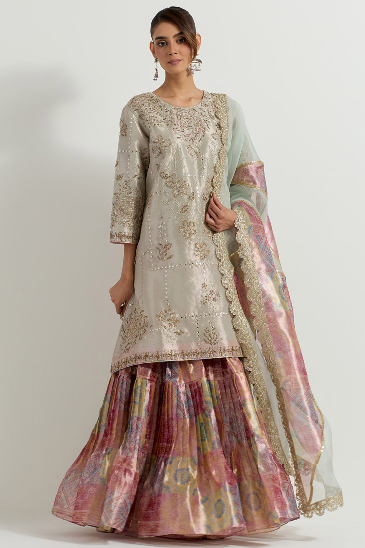 Multi-Colored Tissue Bandhani Printed Wedding Sharara Set by Kavita Bhartia at Pernia's Pop Up Shop