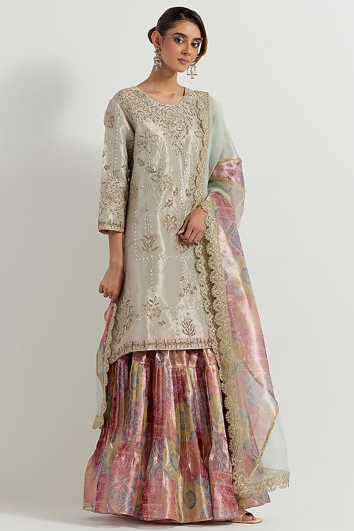 Multi-Colored Tissue Bandhani Printed Wedding Sharara Set by Kavita Bhartia at Pernia's Pop Up Shop