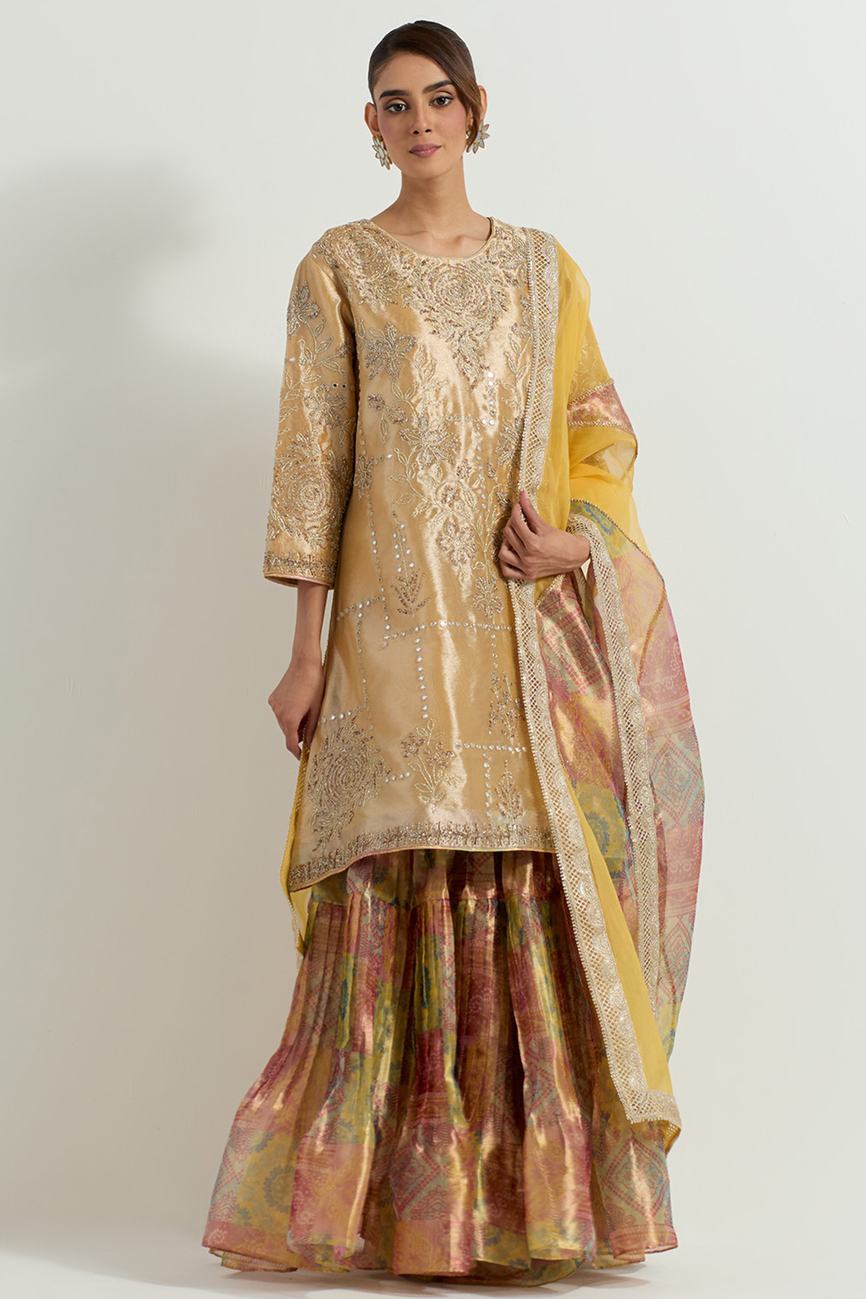 Multi-Colored Tissue Bandhani Printed Wedding Sharara Set by Kavita Bhartia at Pernia's Pop Up Shop