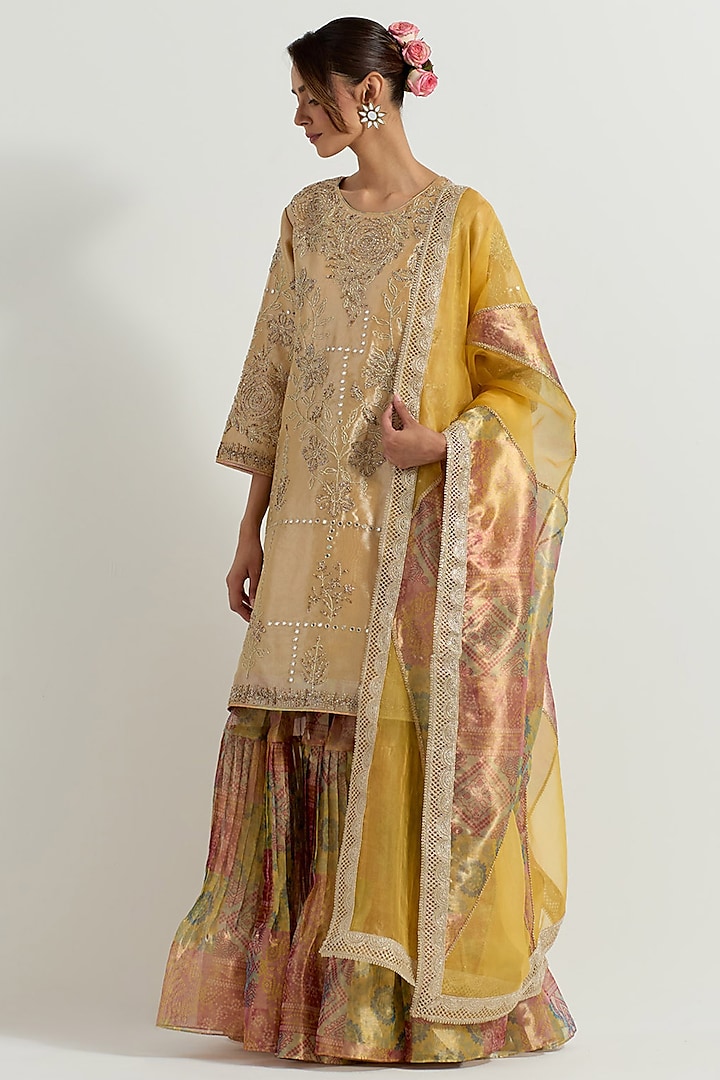 Multi-Colored Tissue Bandhani Printed Wedding Sharara Set by Kavita Bhartia at Pernia's Pop Up Shop