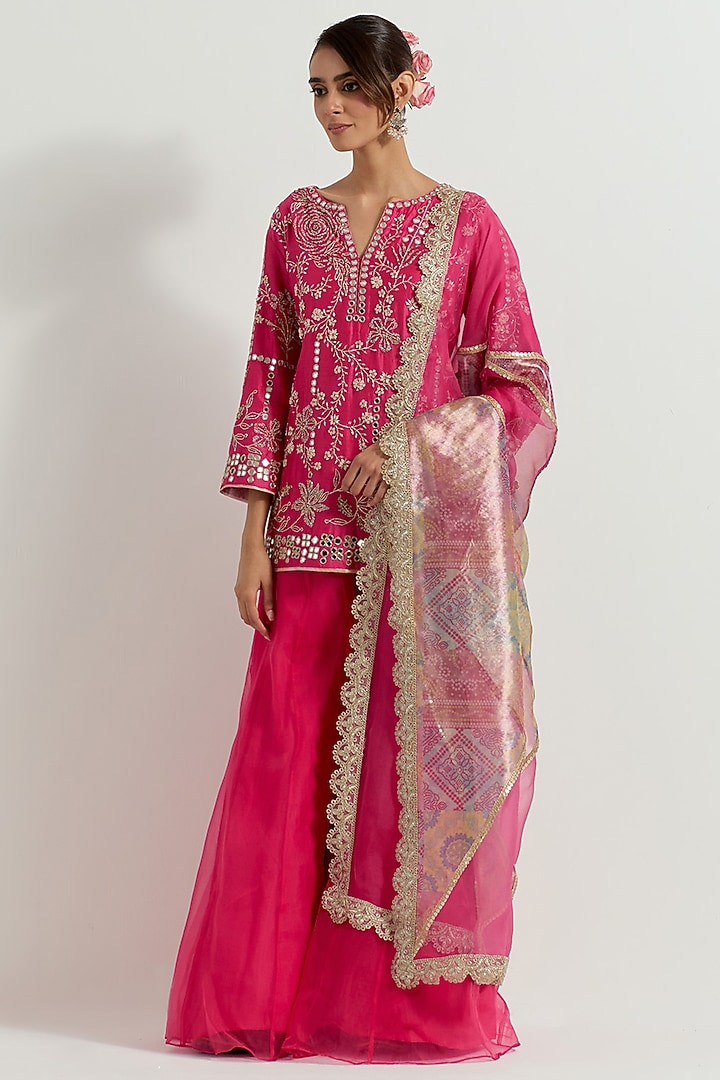Fuchsia Chanderi Organza Bridal Sharara Set by Kavita Bhartia at Pernia's Pop Up Shop