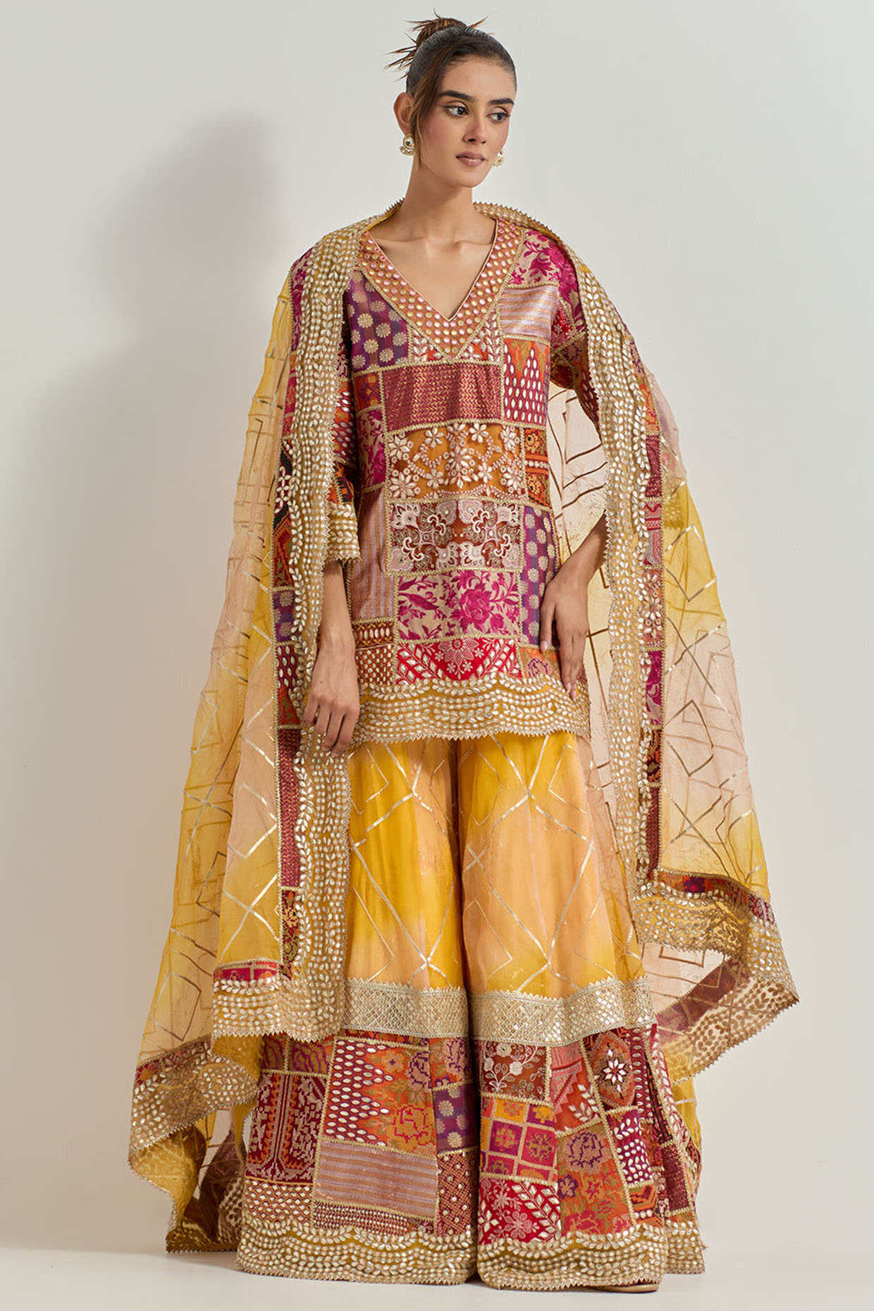 Yellow & Red Organza Silk Patchwork Wedding Sharara Set by Kavita Bhartia at Pernia's Pop Up Shop