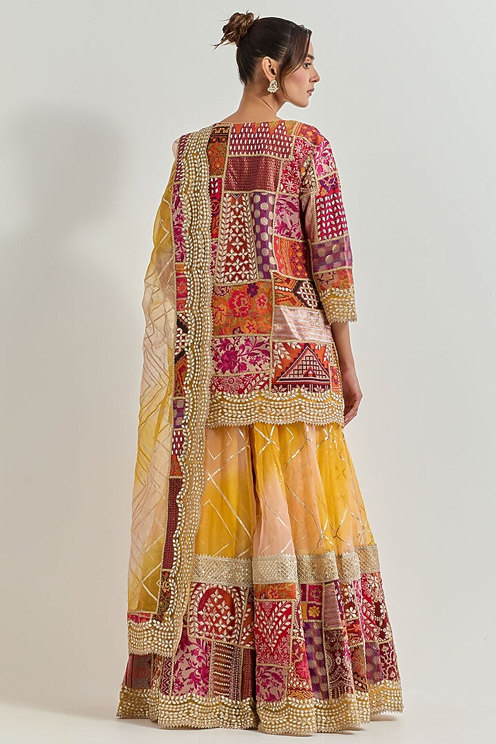 Yellow & Red Organza Silk Patchwork Bridal Sharara Set by Kavita Bhartia at Pernia's Pop Up Shop