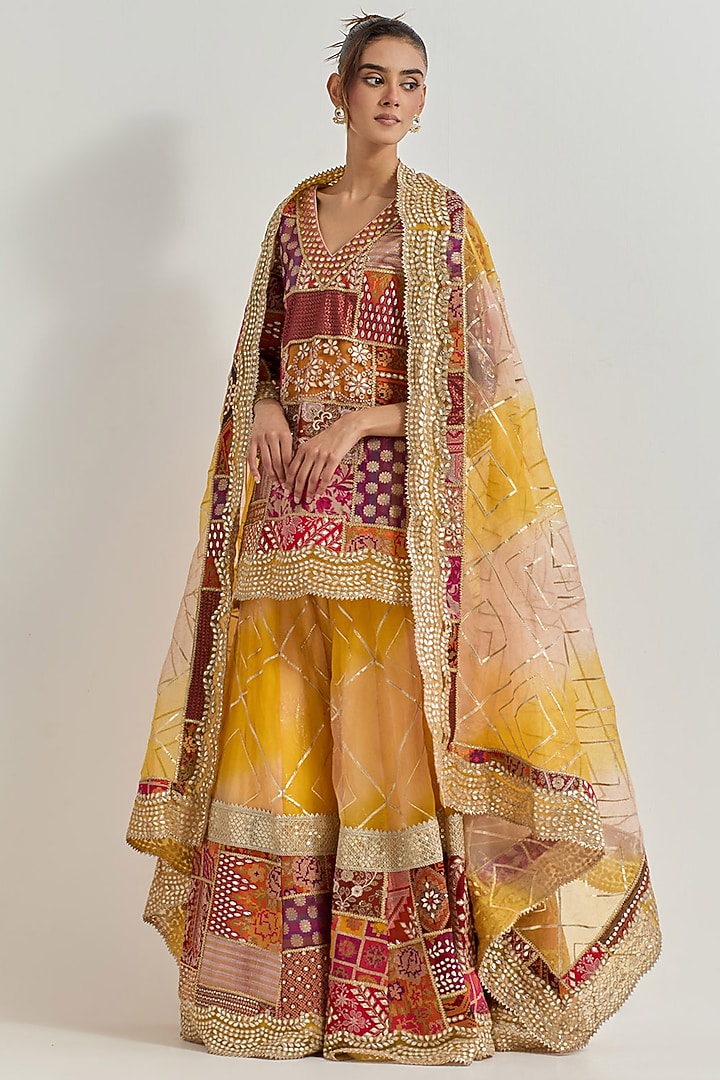 Yellow & Red Organza Silk Patchwork Bridal Sharara Set by Kavita Bhartia at Pernia's Pop Up Shop