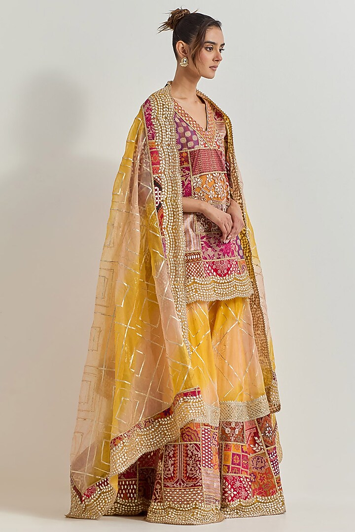 Yellow & Red Organza Silk Patchwork Bridal Sharara Set by Kavita Bhartia at Pernia's Pop Up Shop