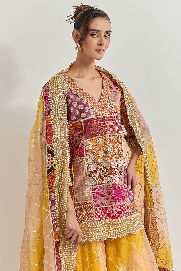 Yellow & Red Organza Silk Patchwork Bridal Sharara Set by Kavita Bhartia at Pernia's Pop Up Shop