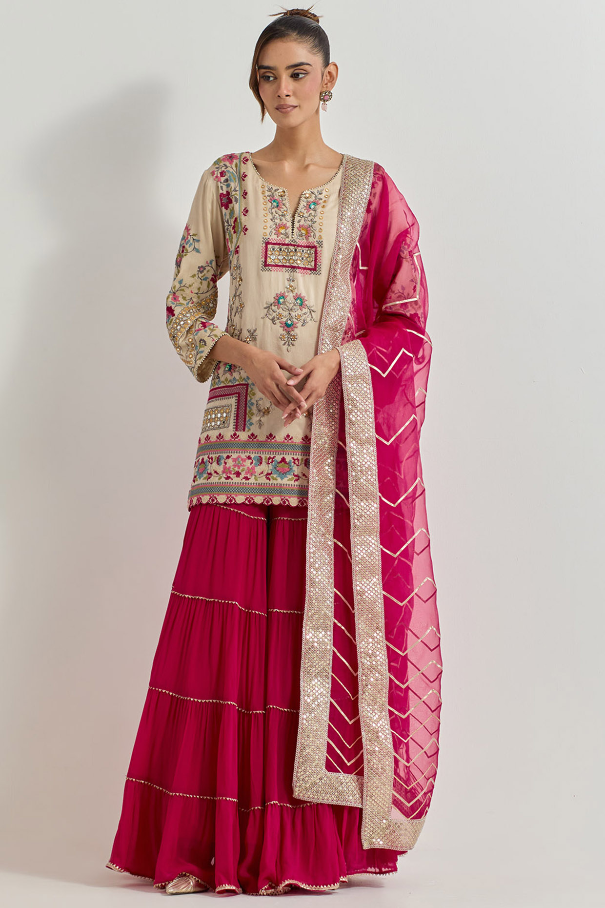 Ivory & Fuchsia Georgette Tiered Sharara Set by Kavita Bhartia at Pernia's Pop Up Shop