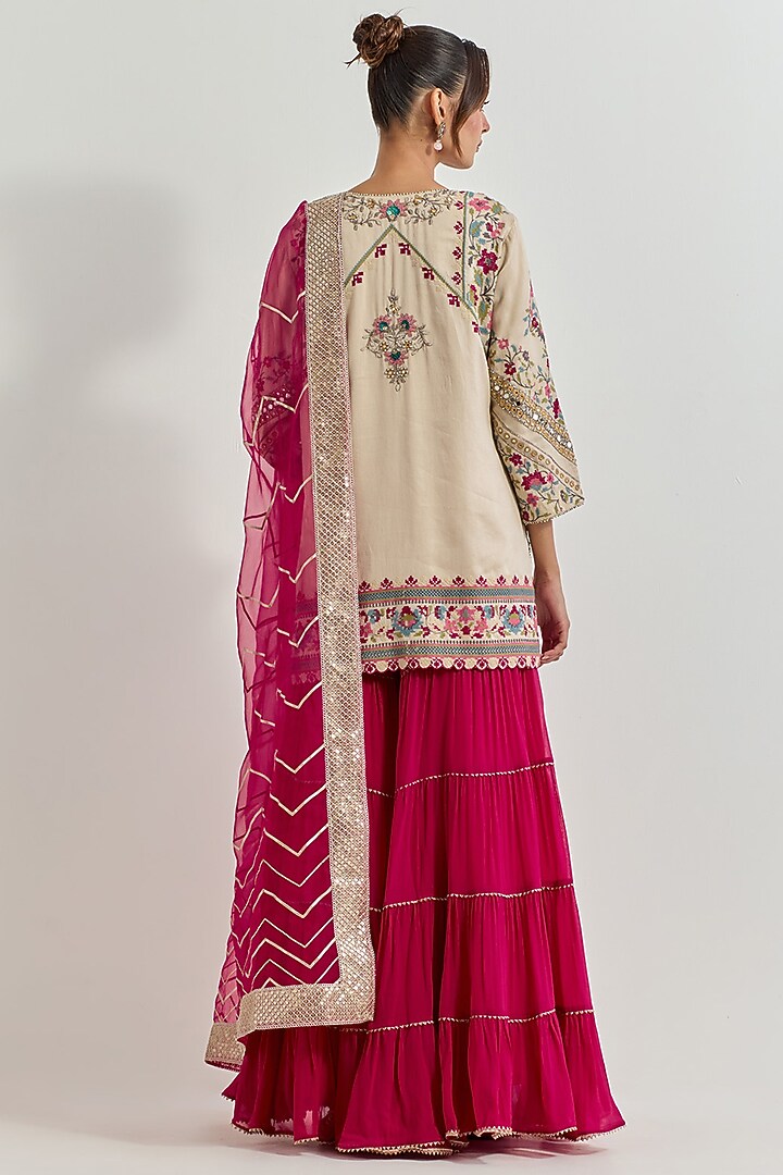 Ivory & Fuchsia Georgette Tiered Wedding Sharara Set by Kavita Bhartia at Pernia's Pop Up Shop
