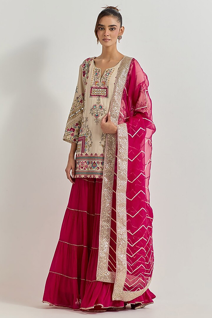 Ivory & Fuchsia Georgette Tiered Wedding Sharara Set by Kavita Bhartia at Pernia's Pop Up Shop