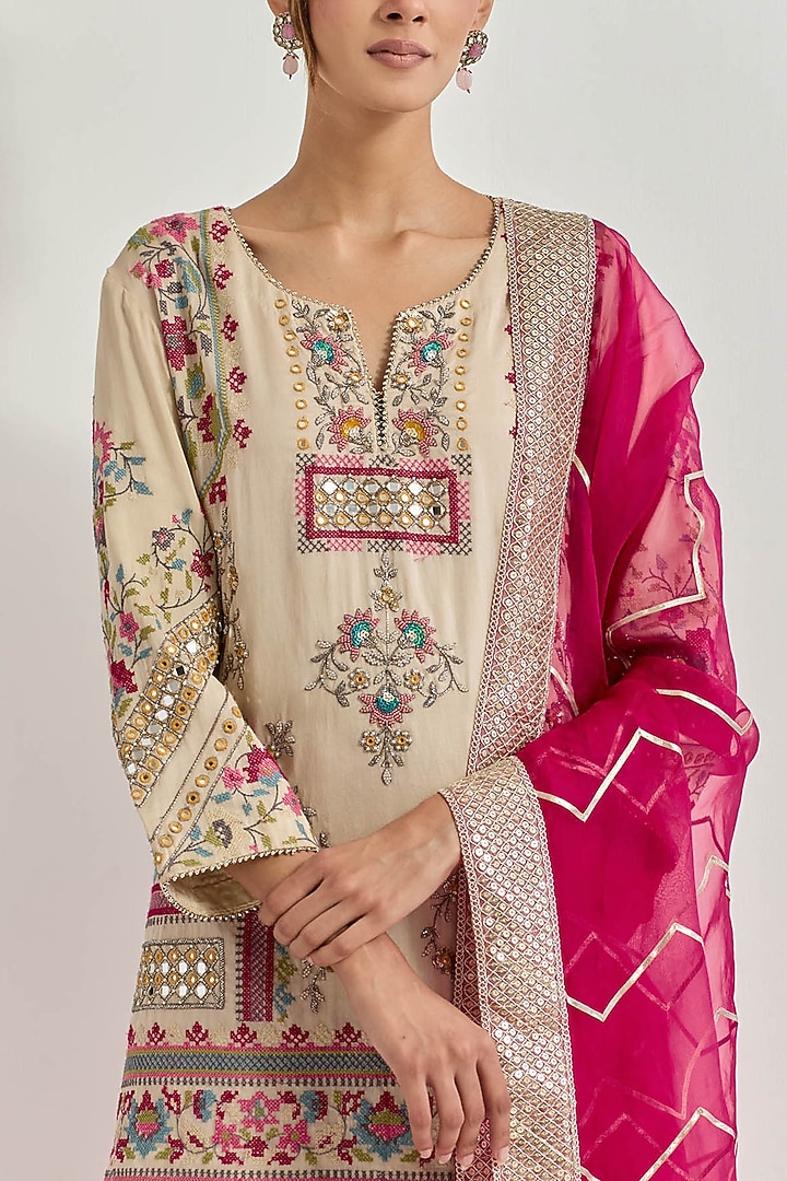 Ivory & Fuchsia Georgette Tiered Wedding Sharara Set by Kavita Bhartia at Pernia's Pop Up Shop