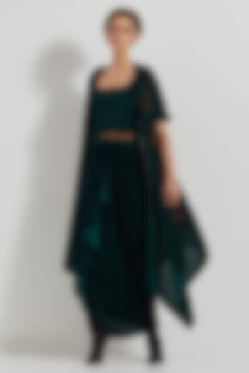 Bottle Green Velvet Draped Skirt Set by Kavita Bhartia at Pernia's Pop Up Shop