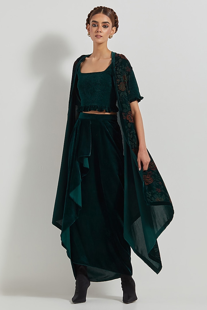 Bottle Green Velvet Draped Skirt Set by Kavita Bhartia at Pernia's Pop Up Shop