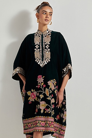 Black Velvet Hand Embellished Midi Dress by Kavita Bhartia