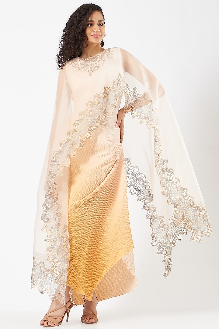 Yellow Crinkle Crepe Dress With Organza Cape by Kavita Bhartia