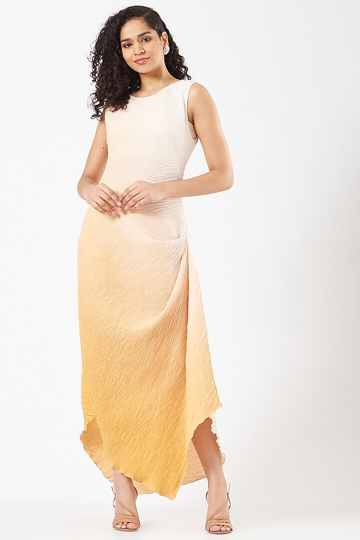 Yellow Crinkle Crepe Draped Vacation Dress by Kavita Bhartia at Pernia's Pop Up Shop