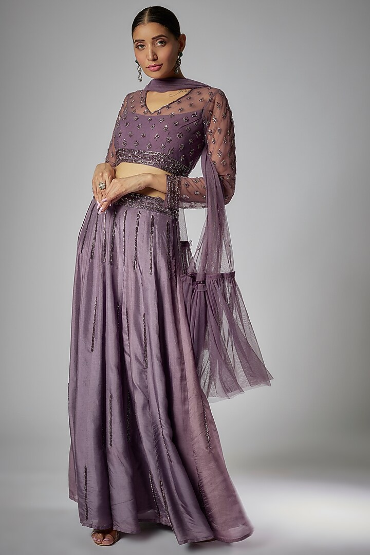 Purple Silk Embroidered Wedding Lehenga Set by Kshitij Choudhary at Pernia's Pop Up Shop