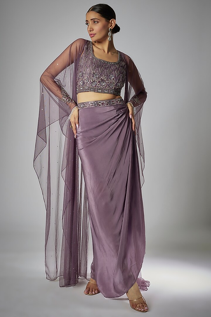 Purple Crepe Draped Skirt Set by Kshitij Choudhary at Pernia's Pop Up Shop