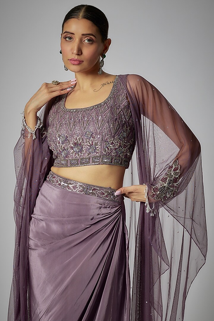 Purple Crepe Draped Skirt Set by Kshitij Choudhary at Pernia's Pop Up Shop