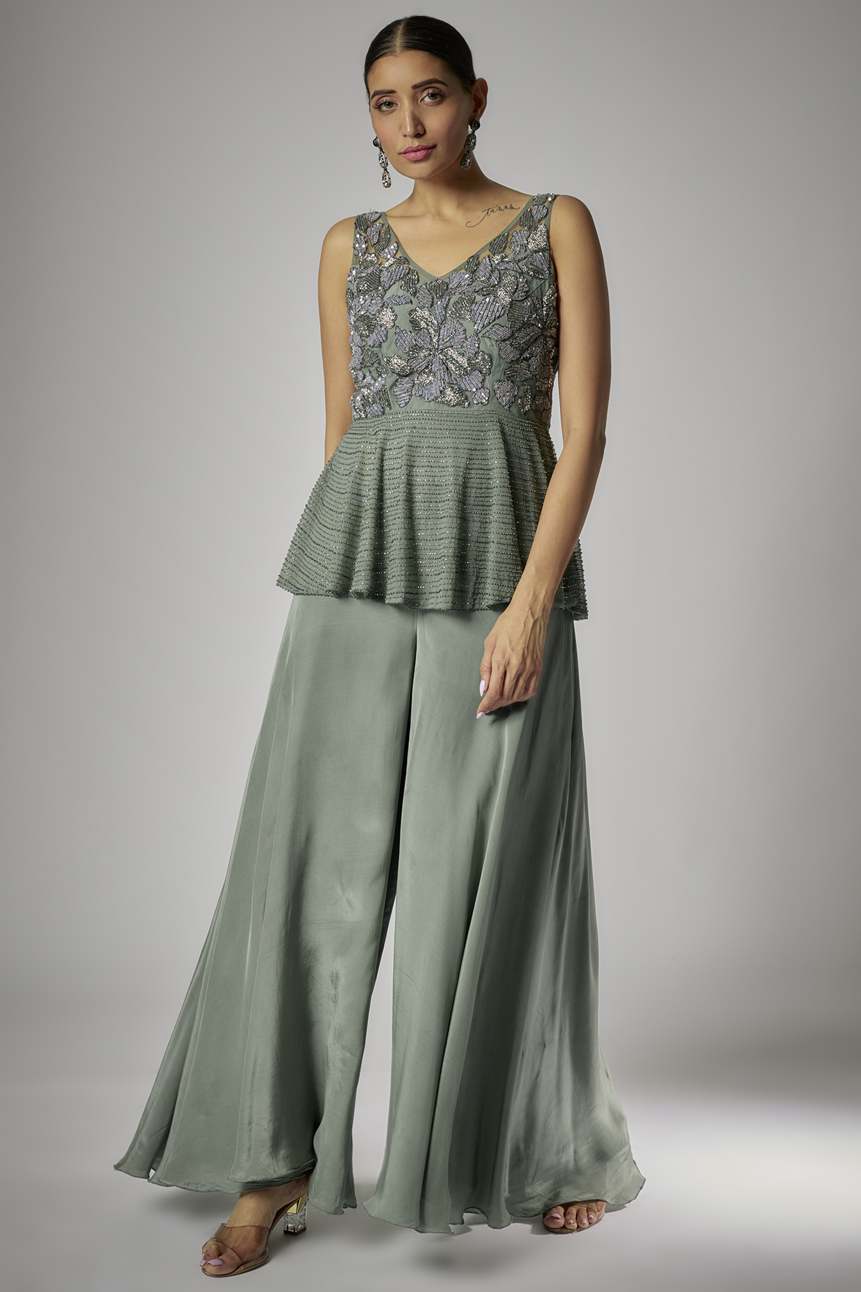 Green Net & Crepe Co-Ord Set by Kshitij Choudhary at Pernia's Pop Up Shop