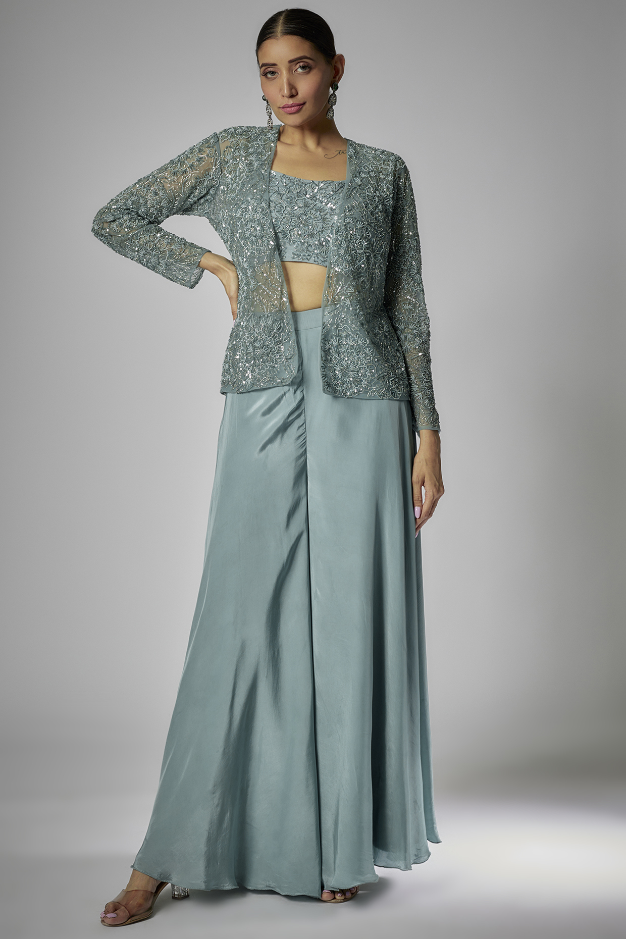 Blue Net & Crepe Embroidered Co-Ord Set by Kshitij Choudhary at Pernia's Pop Up Shop