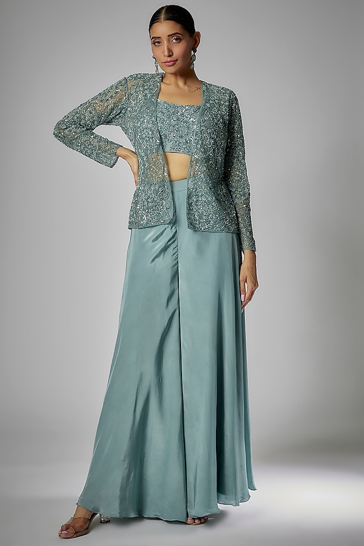 Blue Net & Crepe Embroidered Co-Ord Set by Kshitij Choudhary at Pernia's Pop Up Shop