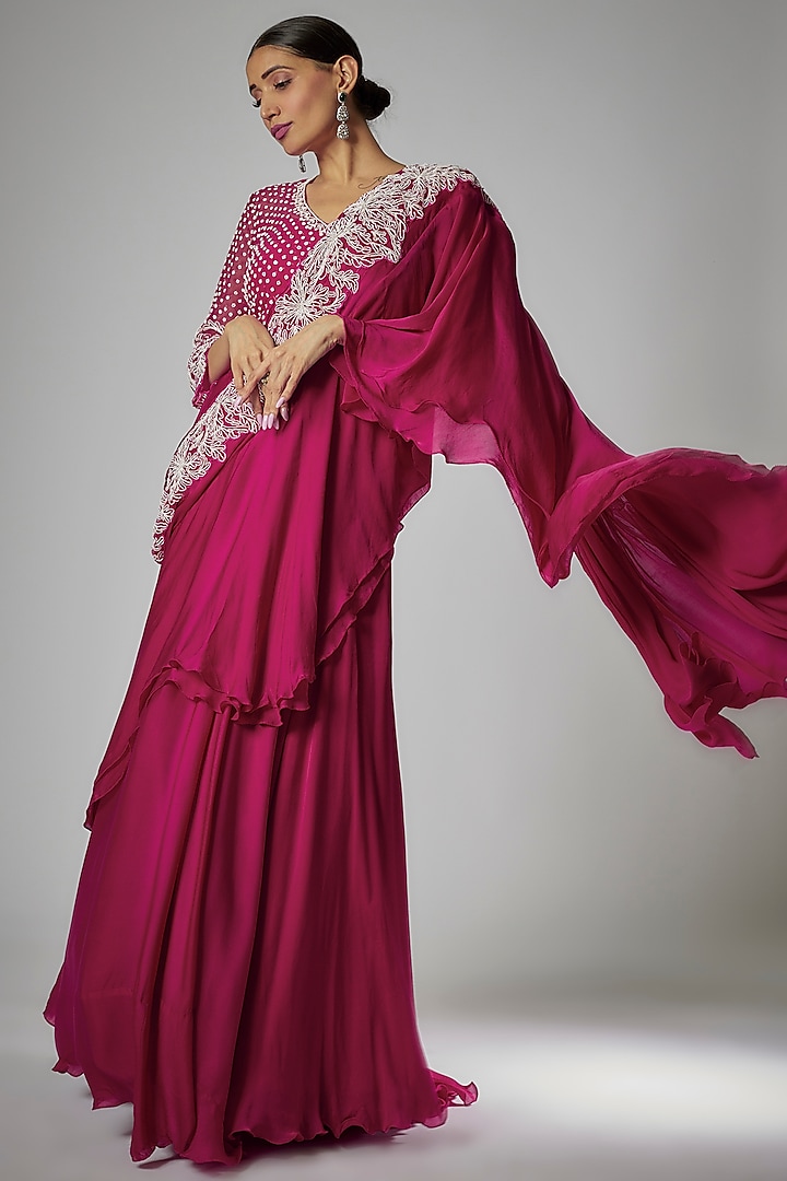 Pink Satin Georgette Embroidered Pre-Draped Saree Set by Kshitij Choudhary
